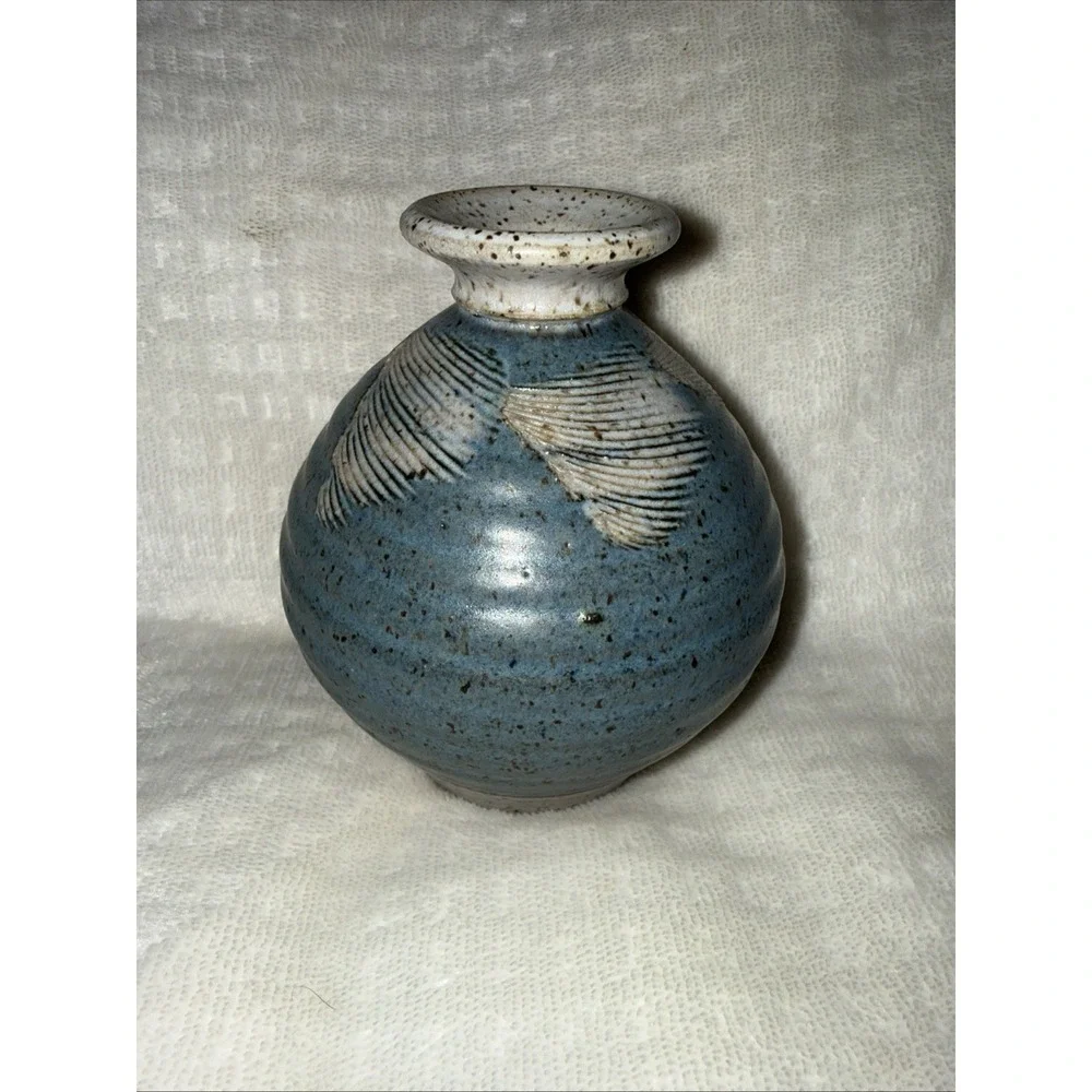 Vintage Signed Pottery Vase Blue Glazed With Fan Detail At top
